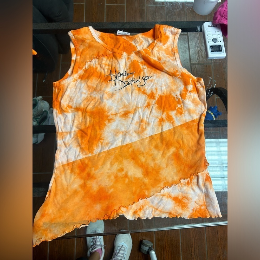 Harley-Davidson Orange Asymmetrical Tie Dye Tank Top